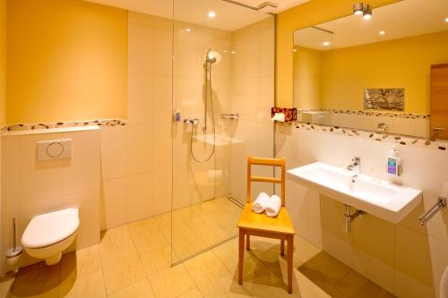 a bathroom with a sink and a shower and a toilet at Plumbohms Aussichtsreich Gast- und Logierhaus in Bad Harzburg