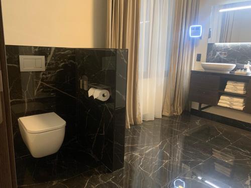 a bathroom with a toilet and a sink at Botanique Suites AirBnB, Antwerp in Antwerp
