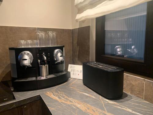 a kitchen with a counter with a coffee maker at Botanique Suites AirBnB, Antwerp in Antwerp