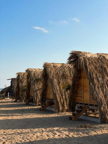 una fila de cabañas de paja en la playa en Nattivo Ecoglamping en La Sabrosa