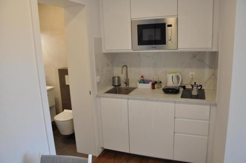 a white kitchen with a sink and a microwave at Apartments Trnovo in Ljubljana