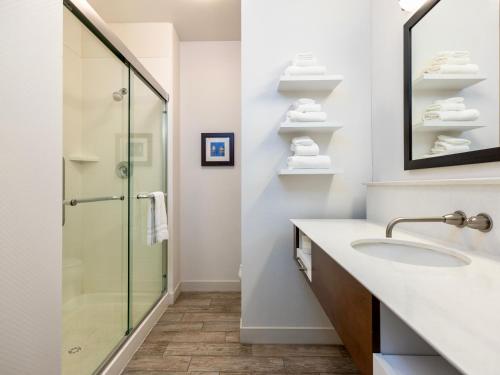 La salle de bains est pourvue d'un lavabo et d'une douche. dans l'établissement Flag Point Inn and Suites Pratt, à Pratt
