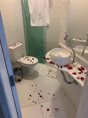 a bathroom with a toilet and a shower with hearts on the floor at Mirante Pai Inácio in Lençóis
