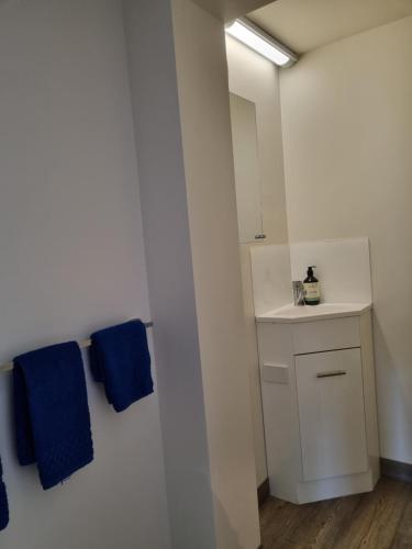 La salle de bains est pourvue de 2 serviettes bleues et d'un lavabo. dans l'établissement Lords Rest Apartment - Private and Central with Free Parking and Great WIFI, à Hobart