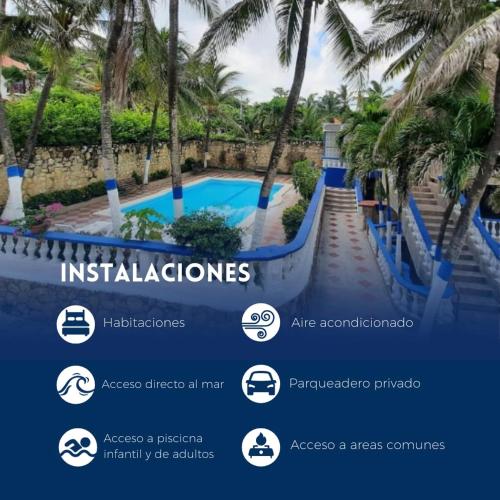 un folleto para un complejo con piscina en Cabaña tranquila: piscina, mar, privacidad, en Puerto Colombia
