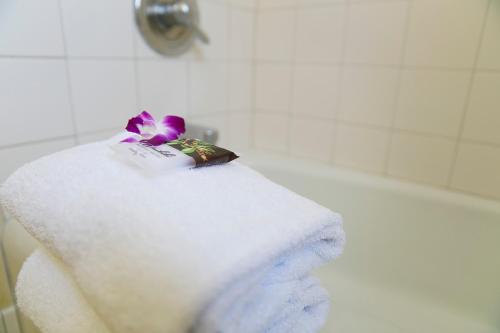 - une serviette blanche assise au-dessus d'une baignoire dans l'établissement Waikiki Resort Hotel, à Honolulu