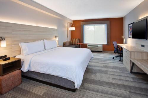 a hotel room with a bed and a flat screen tv at Holiday Inn Express Hotel & Suites Rochester Webster by IHG in Webster