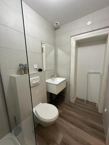 une salle de bain blanche avec des toilettes et un lavabo dans l'établissement Le Petit Café - Centre ville, parking gratuit, à Mulhouse
