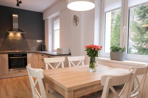 eine Küche mit einem Holztisch und weißen Stühlen in der Unterkunft Apartment Schober in Jáchymov
