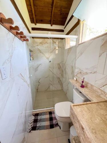 a bathroom with a shower and a toilet in it at Chalé dos Açaís próximo à Trindade in Paraty