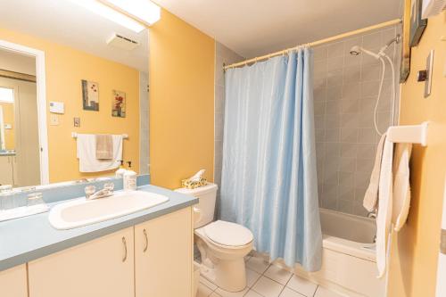 La salle de bains est pourvue d'un lavabo, de toilettes et d'une douche. dans l'établissement Big Sunshine, à Mont-Tremblant