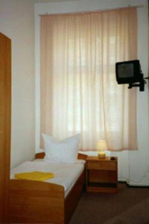 a bedroom with a bed and a tv and a window at Pension Wedding in Berlin