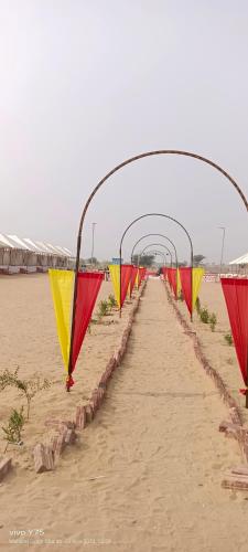 a row of kites lined up on the beach at Barkha Desert Safari Camp Sam Sand Dunes Jaisalmer in Sām