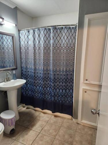 Blue Shark *G15* @ Montrose Private 1BR King Apartment في هيوستن: حمام مع دش ومغسلة