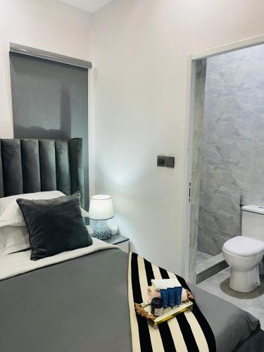 a bedroom with a bed and a bathroom with a toilet at AMERICANA LUXURY APARTMENT in Lekki