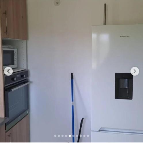 La cuisine est équipée d'un réfrigérateur blanc et d'un four micro-ondes. dans l'établissement Les Bungalows de Pipo 1, à Anse-Bertrand