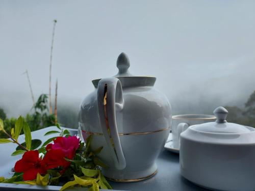a tea pot and a teapot on a table with flowers at Nine Arch Gap in Ella
