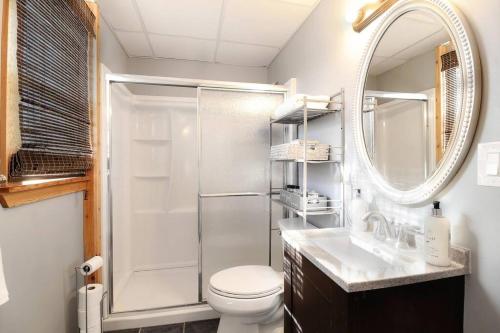 a bathroom with a shower and a toilet and a sink at Chain O' Lakes Beach Penthouse with Lake Access in Ingleside