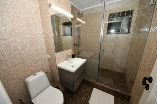 a bathroom with a toilet and a sink and a shower at FLY - Regim Hotelier Galati in Galaţi