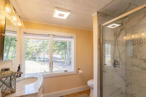 baño con ducha, lavabo y ventana en Lakefront Serenity, 