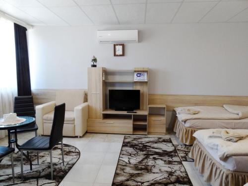 a living room with a tv and a couch and a table at Apartments EMIZA in Samokov