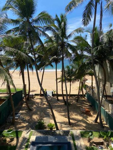 a view of the beach from a resort with palm trees at PRANA Beach Hotel Hikkaduwa in Hikkaduwa