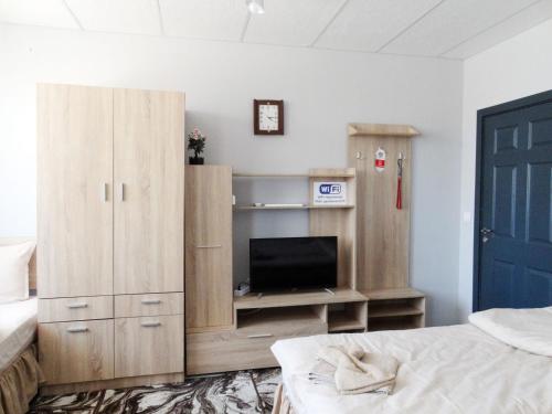 a bedroom with a tv and a entertainment center at Apartments EMIZA in Samokov