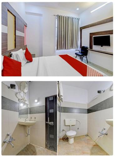 a hotel room with a bed and a bathroom at HOTEL MAHIMA in Gandhinagar
