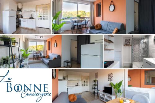 d'une cuisine et d'un salon. dans l'établissement L'étang de l'or *Joli T2 * Plage à 10 min * Proche Montpellier, à Carnon-Plage