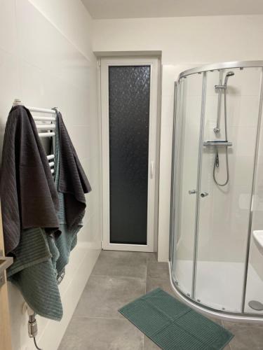 a bathroom with a shower and a glass door at Apartmány Pstruží AP19 in Pstruží