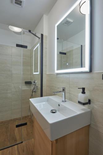 a bathroom with a white sink and a mirror at Koliba pod Vlkolíncom in Ružomberok