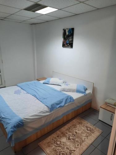 a bedroom with a large bed with blue sheets at Apartament Del Dodo in Alba Iulia