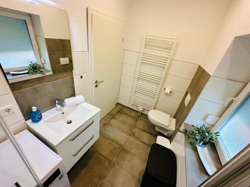 ein Badezimmer mit einem Waschbecken, einem WC und einem Spiegel in der Unterkunft FeWo Buche mit Balkon in Bad Harzburg
