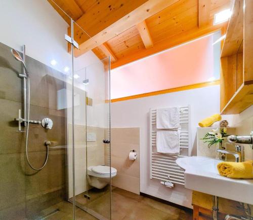 a bathroom with a shower and a toilet and a sink at Residence Zirmer in Kastelruth