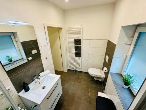 La salle de bains est pourvue d'un lavabo et de toilettes. dans l'établissement FeWo Esche mit Balkon, à Bad Harzburg