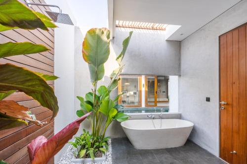 łazienka z białą wanną i dużą rośliną w obiekcie J4 Villas Sanur w mieście Sanur