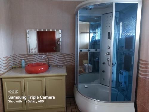 a bathroom with a shower and a red bowl on a sink at Sur la route des tortues in Rodrigues Island