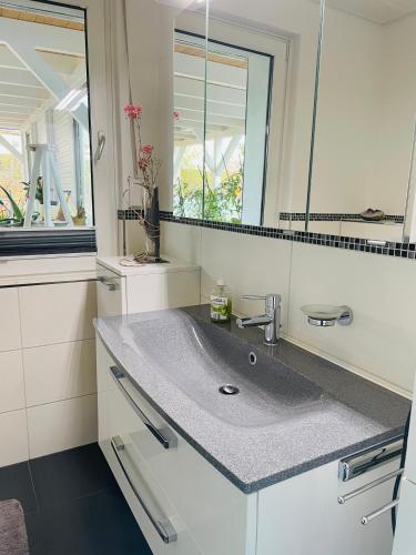 a bathroom with a sink and a mirror at Restaurant Seeblick direkt am Schweriner See in Bad Kleinen