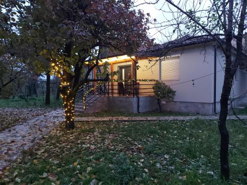 a house with lights on the front of it at Nicolaus Hidden Gem Villa in Shkodër