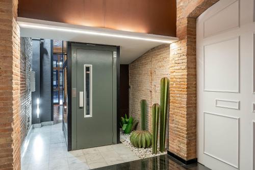 un pasillo con puerta y plantas de cactus en Enjoybcn Colon Apartments, en Barcelona