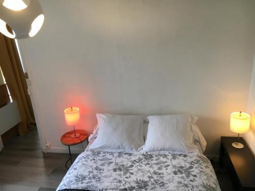 a bedroom with a bed with two lamps on two tables at appartement T2 porte de Pantin Métro Hoche in Le Pré-Saint-Gervais