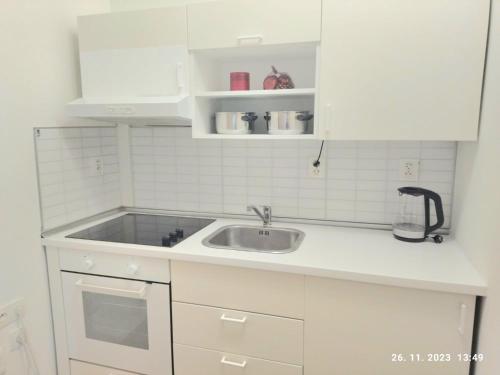 a kitchen with white cabinets and a sink at Minigarsónka in Bratislava