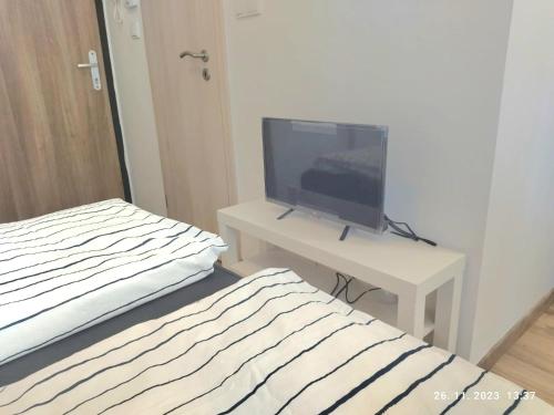 a bedroom with a bed and a tv on a table at Minigarsónka in Bratislava