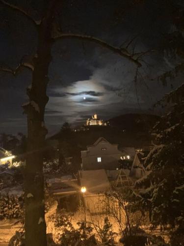 a night view of a house with a full moon at Castrum Visum Wernigerode in Wernigerode