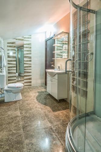 ein Badezimmer mit Toilette, Waschbecken und Dusche in der Unterkunft Konak Vukasinovic - FREE PARKING in Belgrad