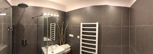 ein Bad mit einer Dusche, einem Waschbecken und einem Spiegel in der Unterkunft Apartmán nearly SKI ARENA in Nové Město na Moravě