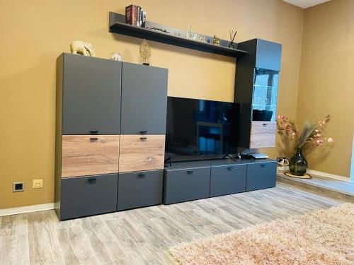 a large entertainment center in a living room at Pension Michelangelo Stadtmitte "Netflix" in Eisenach