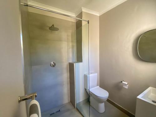a bathroom with a shower with a toilet and a sink at Sundrenched 2 bed 2 bath apartment + sea views in Cape Town
