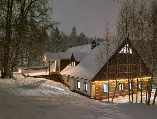 斯克拉斯卡波伦巴Zielony Jeleń - sauna i jacuzzi的雪中的一栋房子，屋顶上放着一块滑雪板。