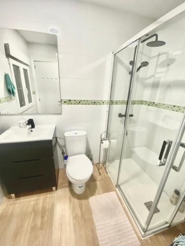 a bathroom with a toilet and a glass shower at Apartamento Colón in Getafe